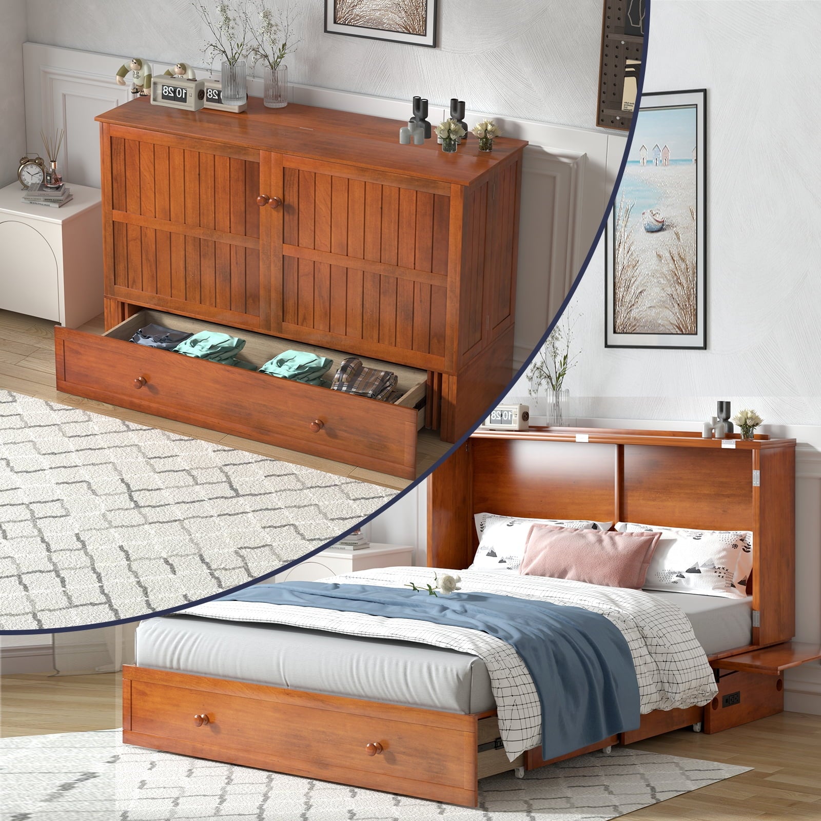 ZAFLY Queen Size Murphy Bed, Cabinet Bed with USB Charging Station, Convertible Bed with Storage Platform, Cabinet Chest Bed with Large Drawers for Living Room/Bedroom