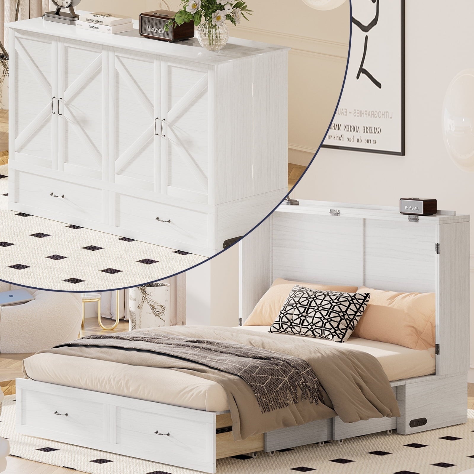 ZAFLY Murphy Bed with Trifold Foam Mattress, Cabinet Bed with Charging Station, Queen Size Cabinet Chest Bed with Large Drawers for Living Room/Bedroom
