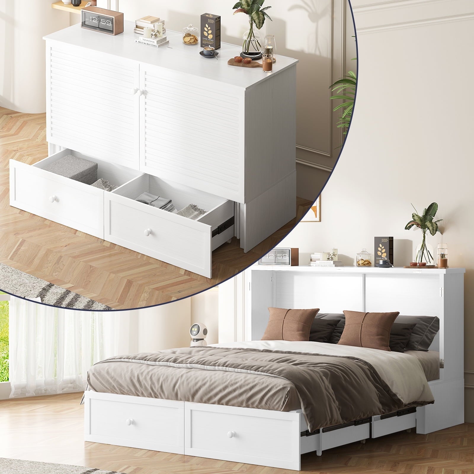 ZAFLY Murphy Bed with Trifold Foam Mattress, Cabinet Bed with Charging Station, Queen Size Cabinet Chest Bed with Large Drawers for Living Room/Bedroom