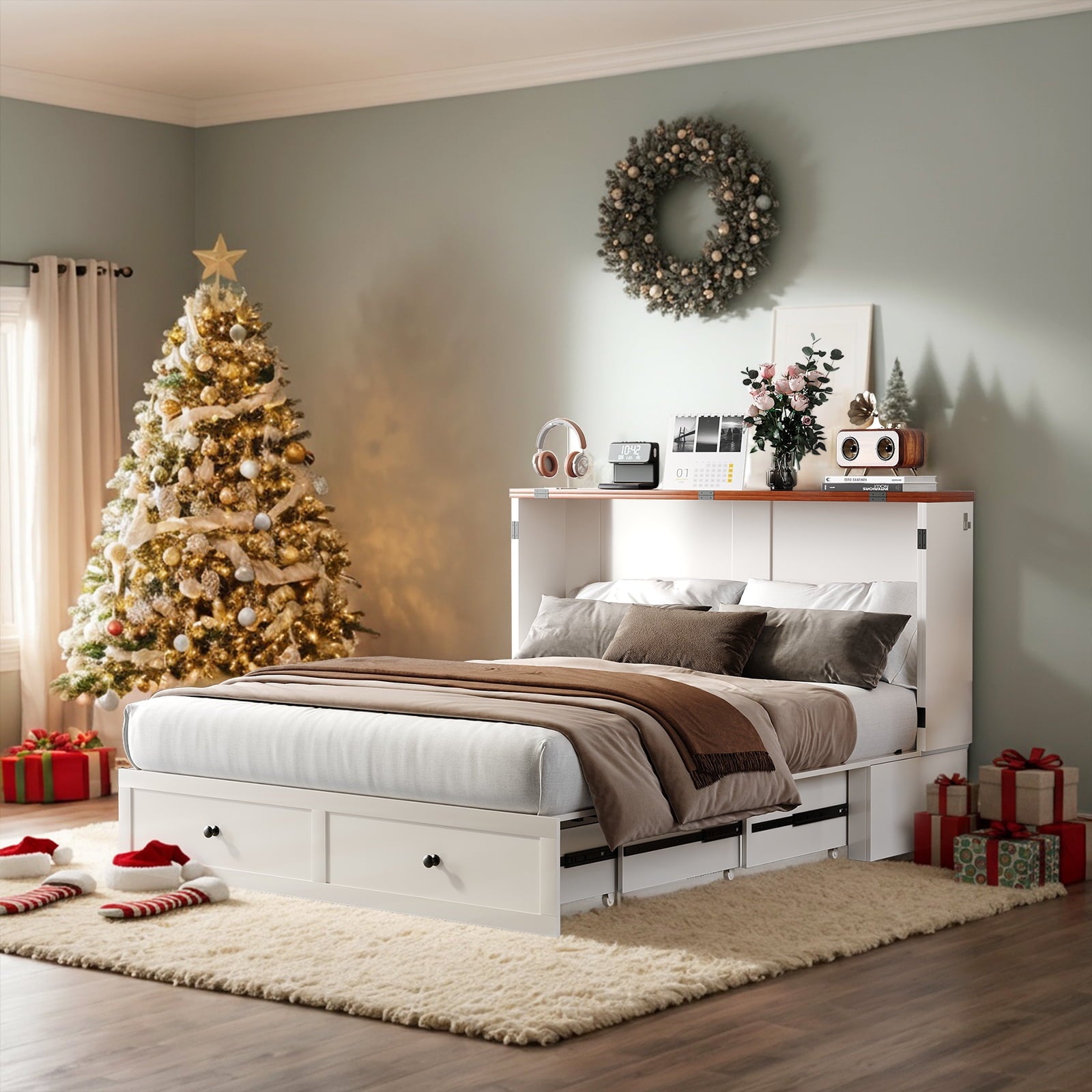 ZAFLY Murphy Bed with Trifold Foam Mattress, Cabinet Bed with Charging Station, Queen Size Cabinet Chest Bed with Large Drawers for Living Room/Bedroom