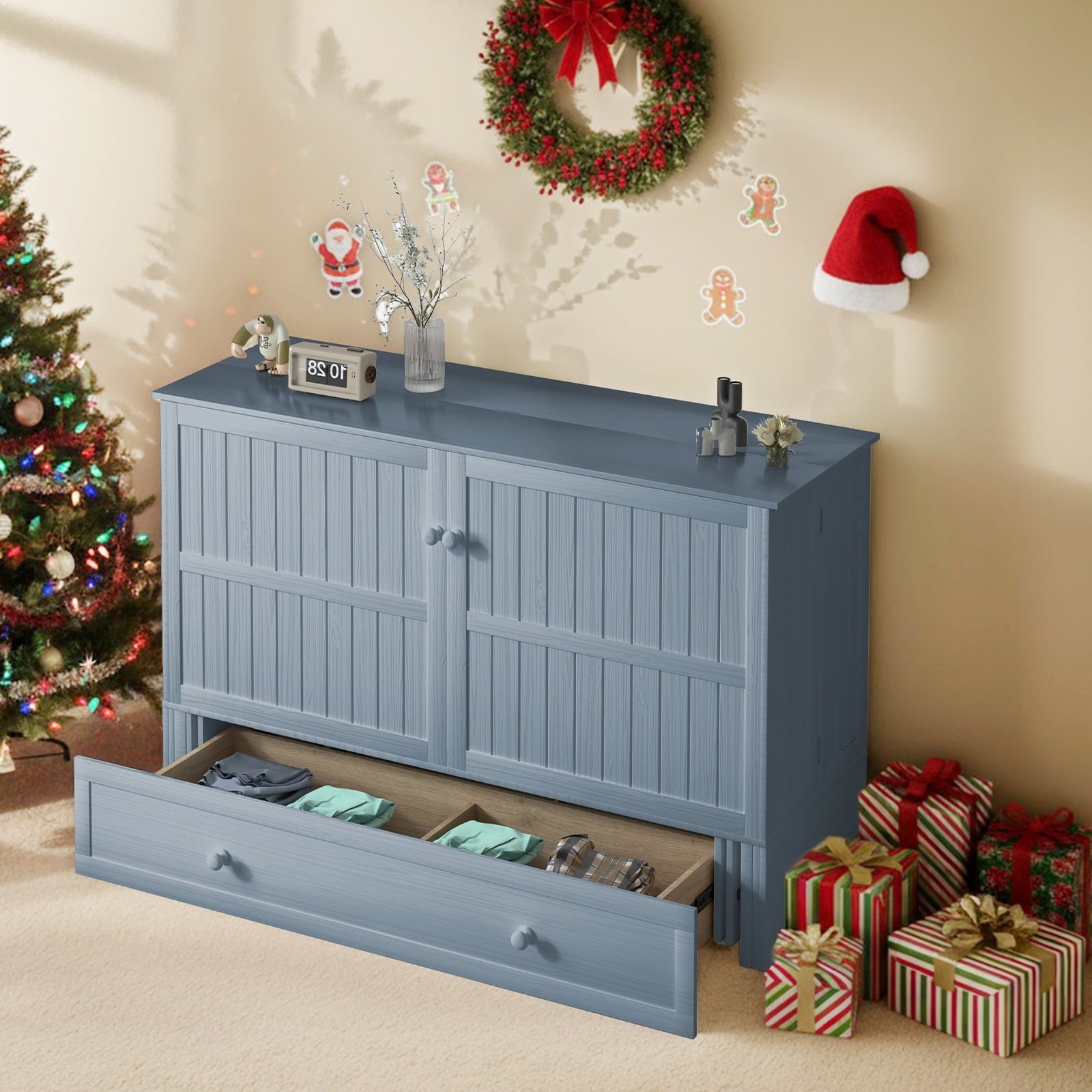 ZAFLY Queen Size Murphy Bed, Cabinet Bed with USB Charging Station, Convertible Bed with Storage Platform, Cabinet Chest Bed with Large Drawers for Living Room/Bedroom