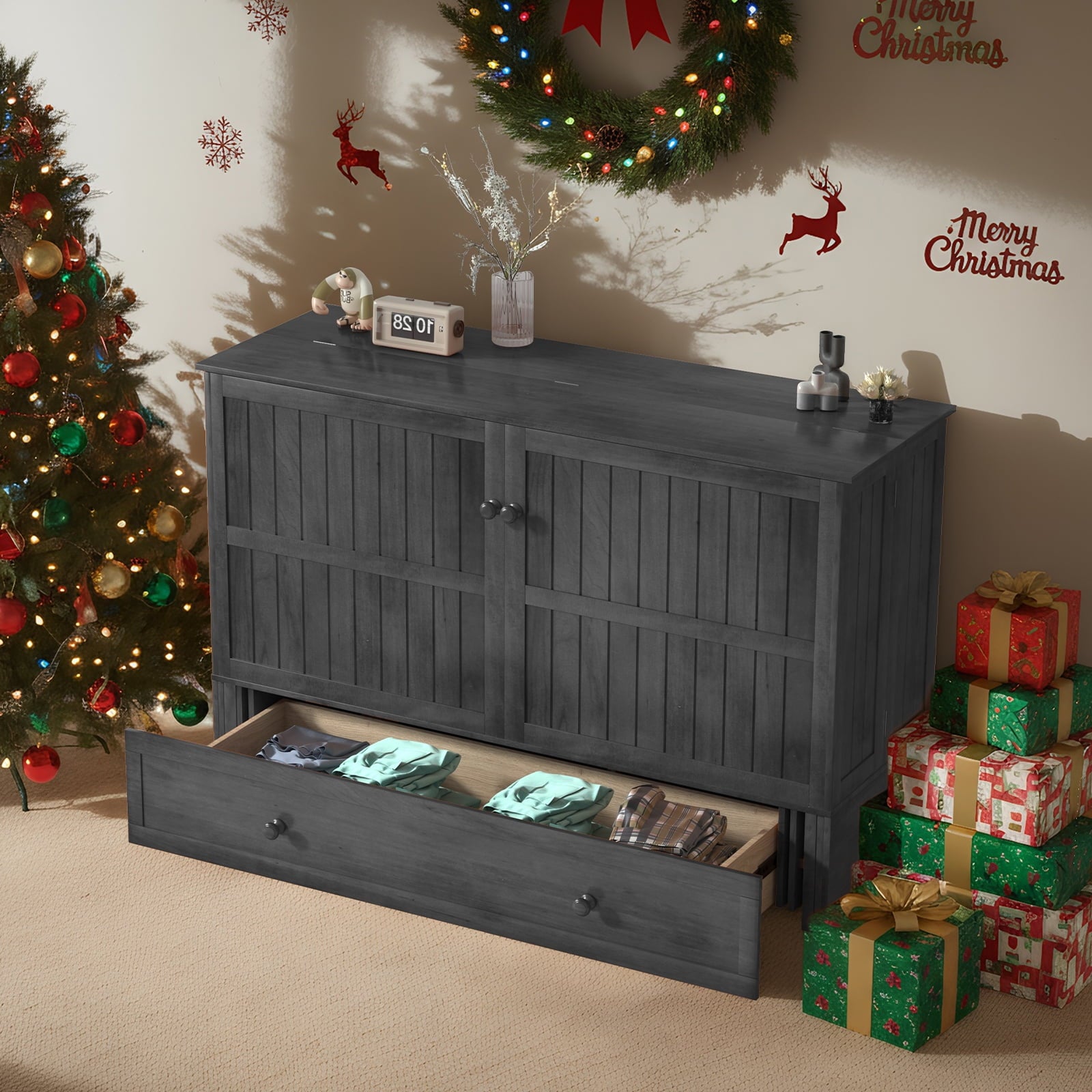 ZAFLY Queen Size Murphy Bed, Cabinet Bed with USB Charging Station, Convertible Bed with Storage Platform, Cabinet Chest Bed with Large Drawers for Living Room/Bedroom