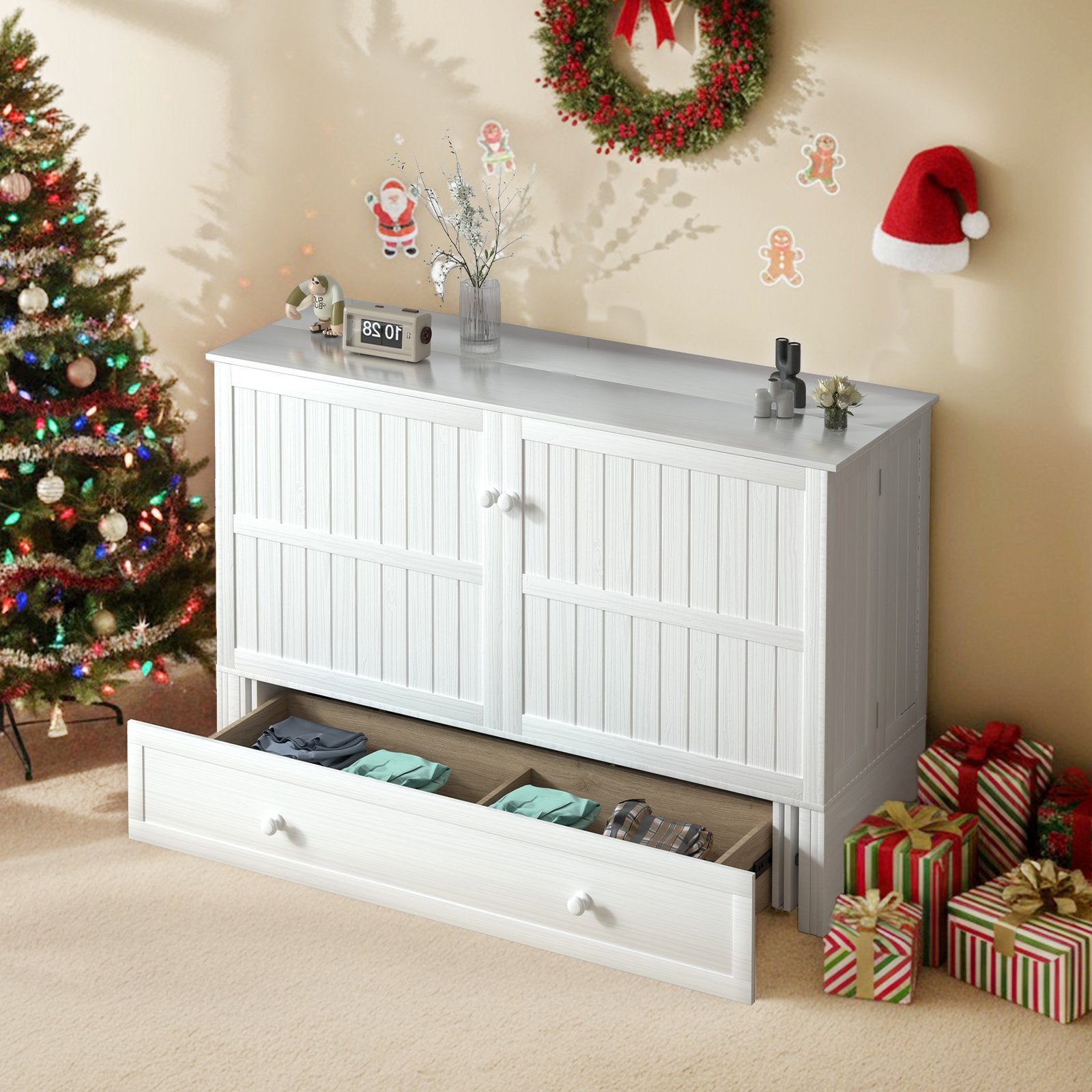 ZAFLY Queen Size Murphy Bed, Cabinet Bed with USB Charging Station, Convertible Bed with Storage Platform, Cabinet Chest Bed with Large Drawers for Living Room/Bedroom