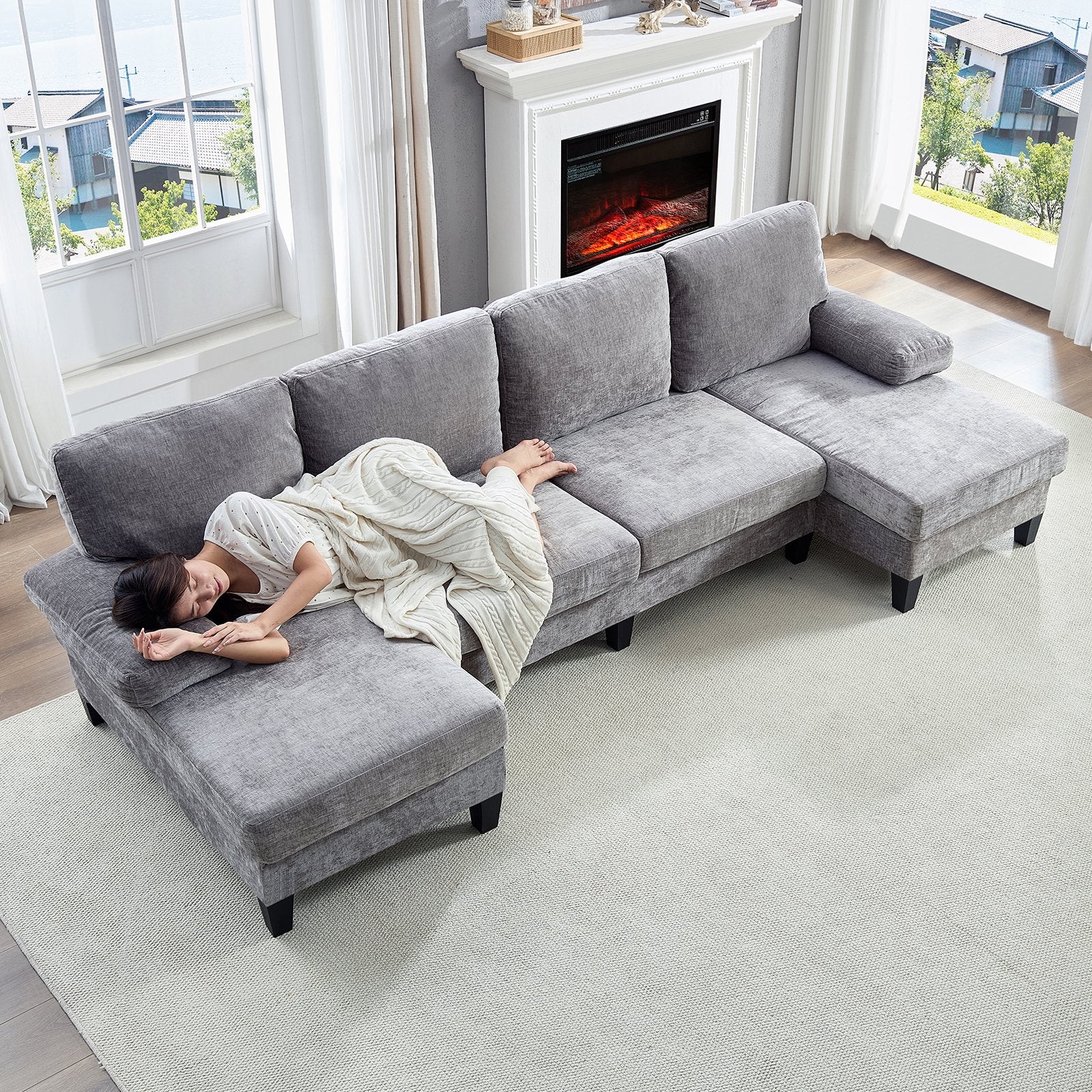 ZAFLY Sectional Couches for Living Room, U Shaped Sectional Sofa with Double Chaise for Apartment, Green