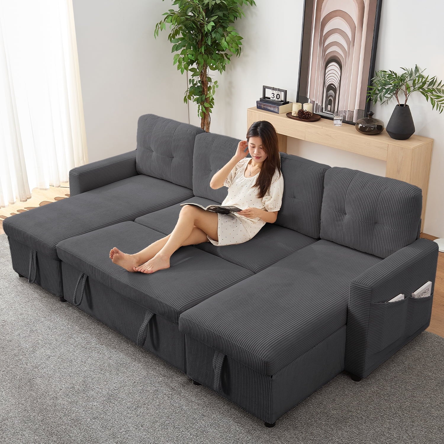 Mjkone 103’’ Pull-Out Sleeper Sofa Bed with Storage Chaise,6 Seat U-shaped Sectional Couch for Living Room,