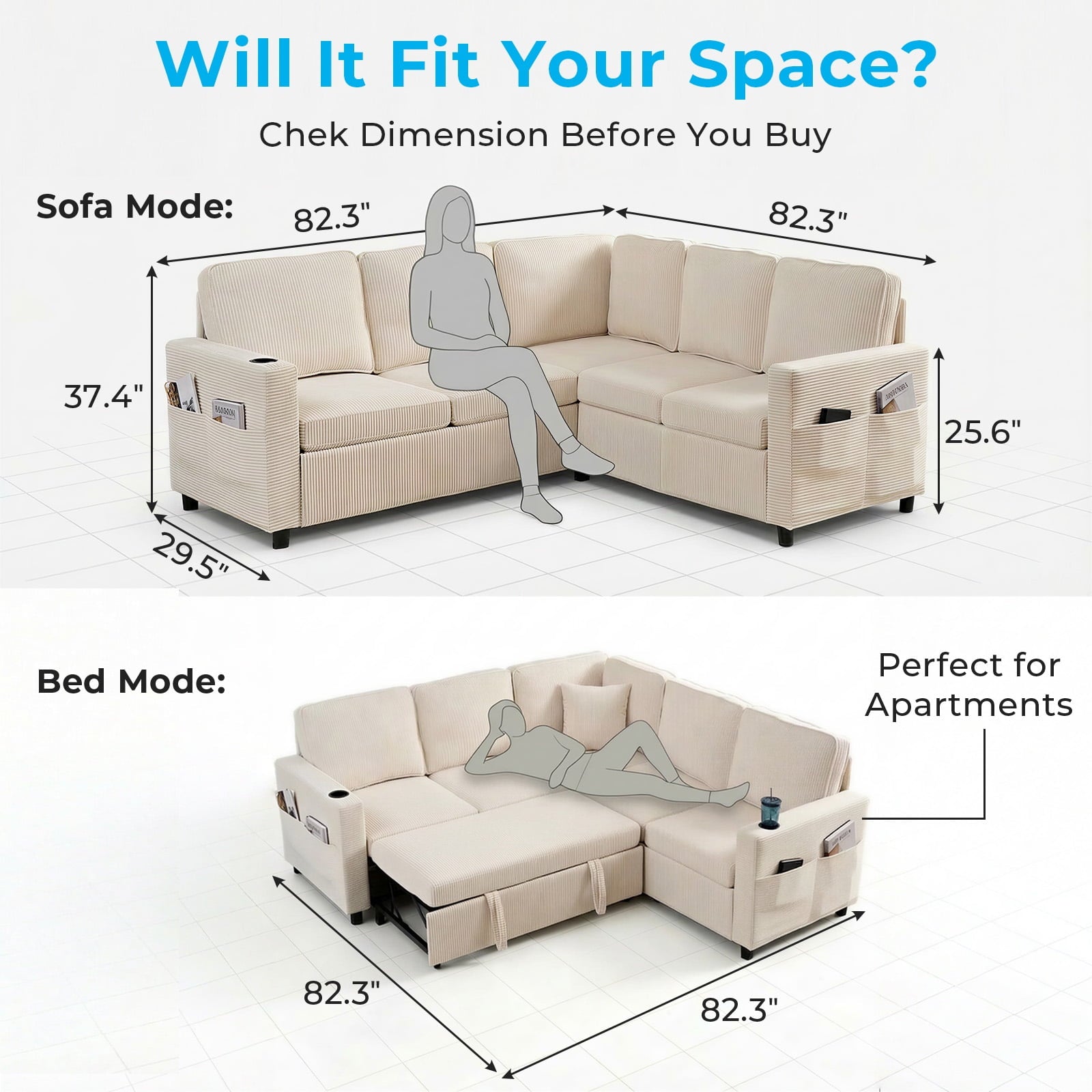Mjkone Sectional Sleeper Sofa with Pull Out Bed,L-Shaped Sectional Sofa with Storage,Plush Corduroy Sectional Couches for Living Room,