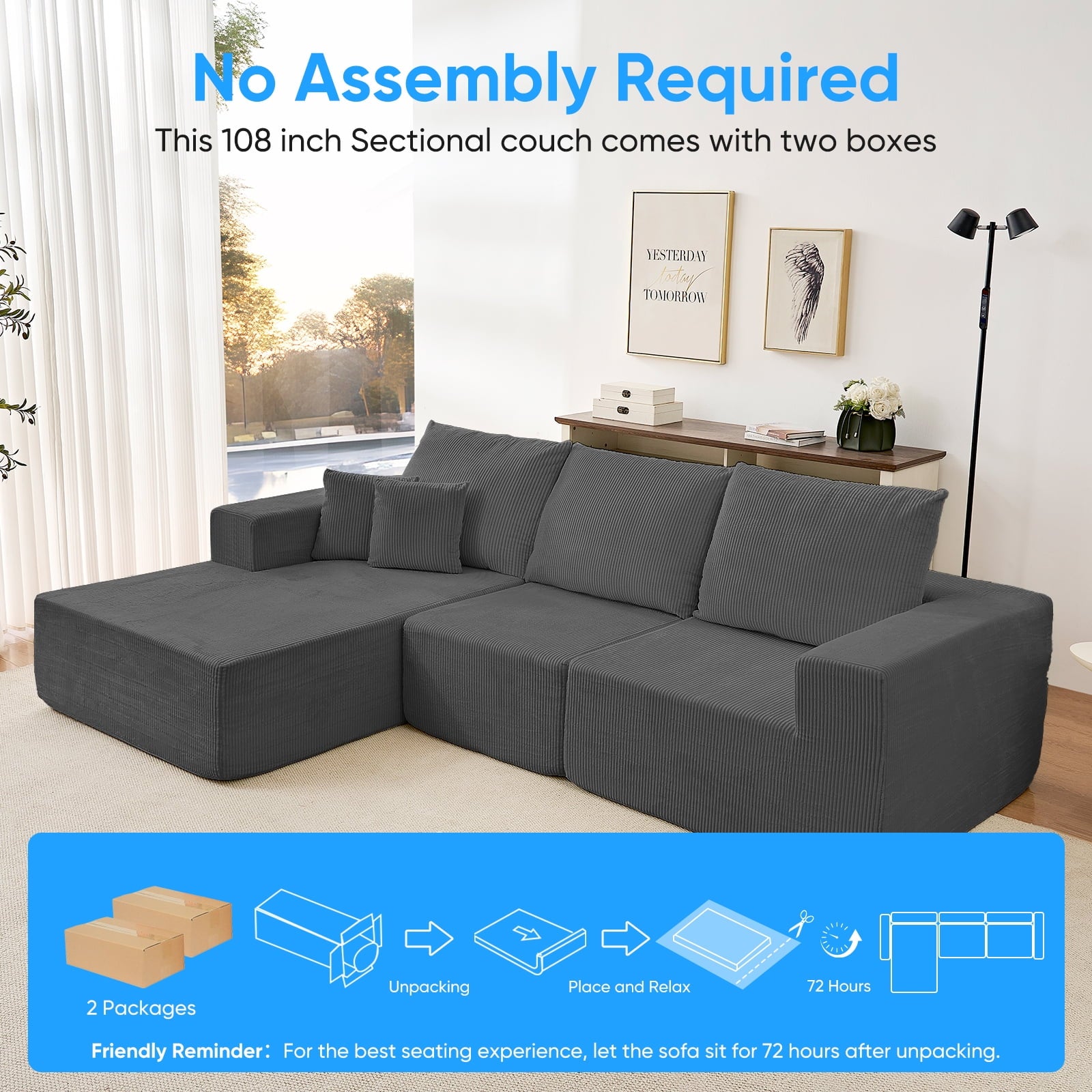 ZAFLY 108" Cloud Sectional Sofa, Modular Corduroy Deep Seat Couch, L Shaped Couches for Living Room, No Assembly Required - Black