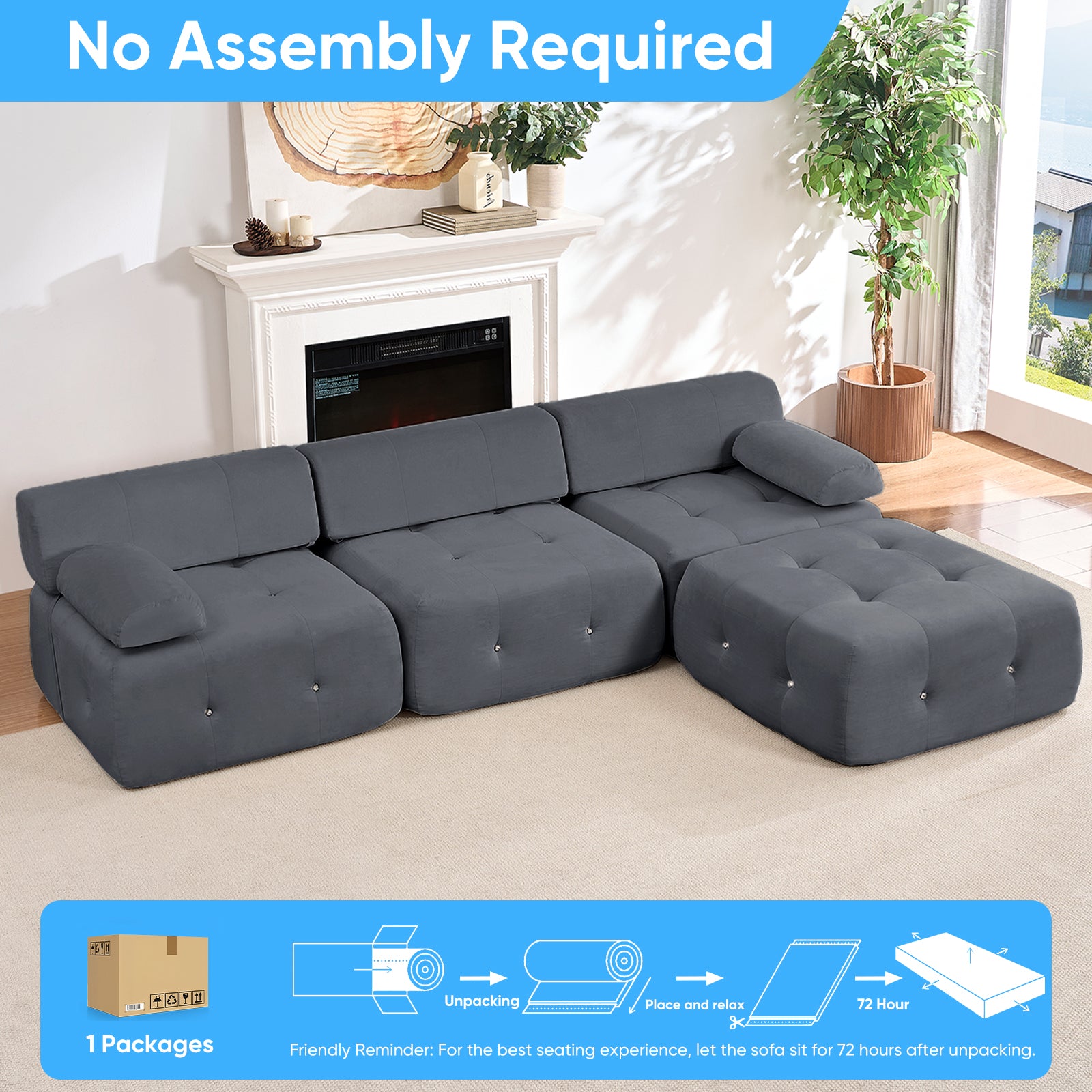 Puremind Oversized Modular Sectional Sofa, Velvet L Shaped Sofa Cloud Couch for Living Room/Apartment, No Assembly Required