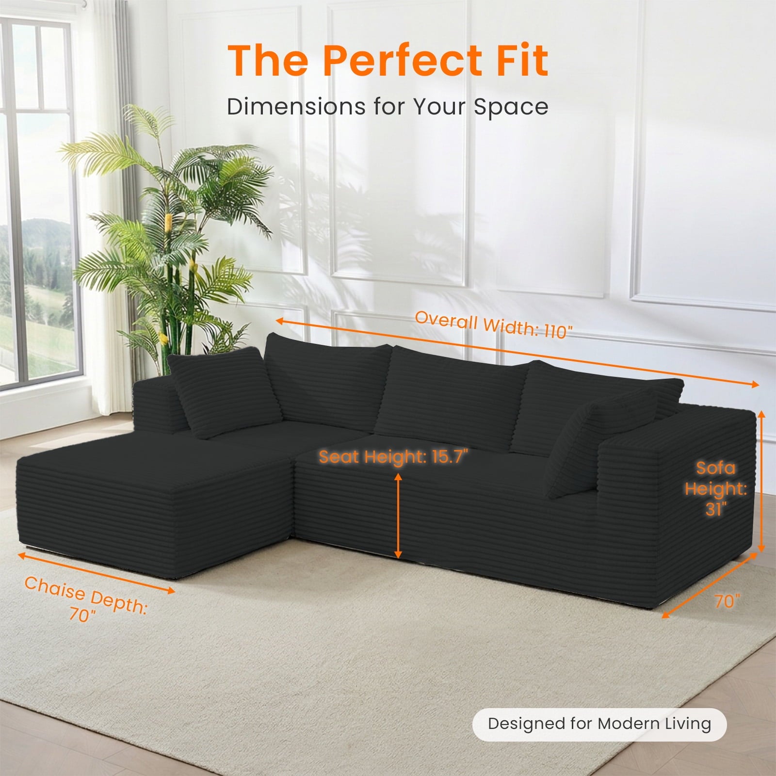 Mjkone Modular Sectional Sofa with Chaise,Corduroy L-Shaped Cloud Couch,Oversized Sleeper Couches for Living Room,