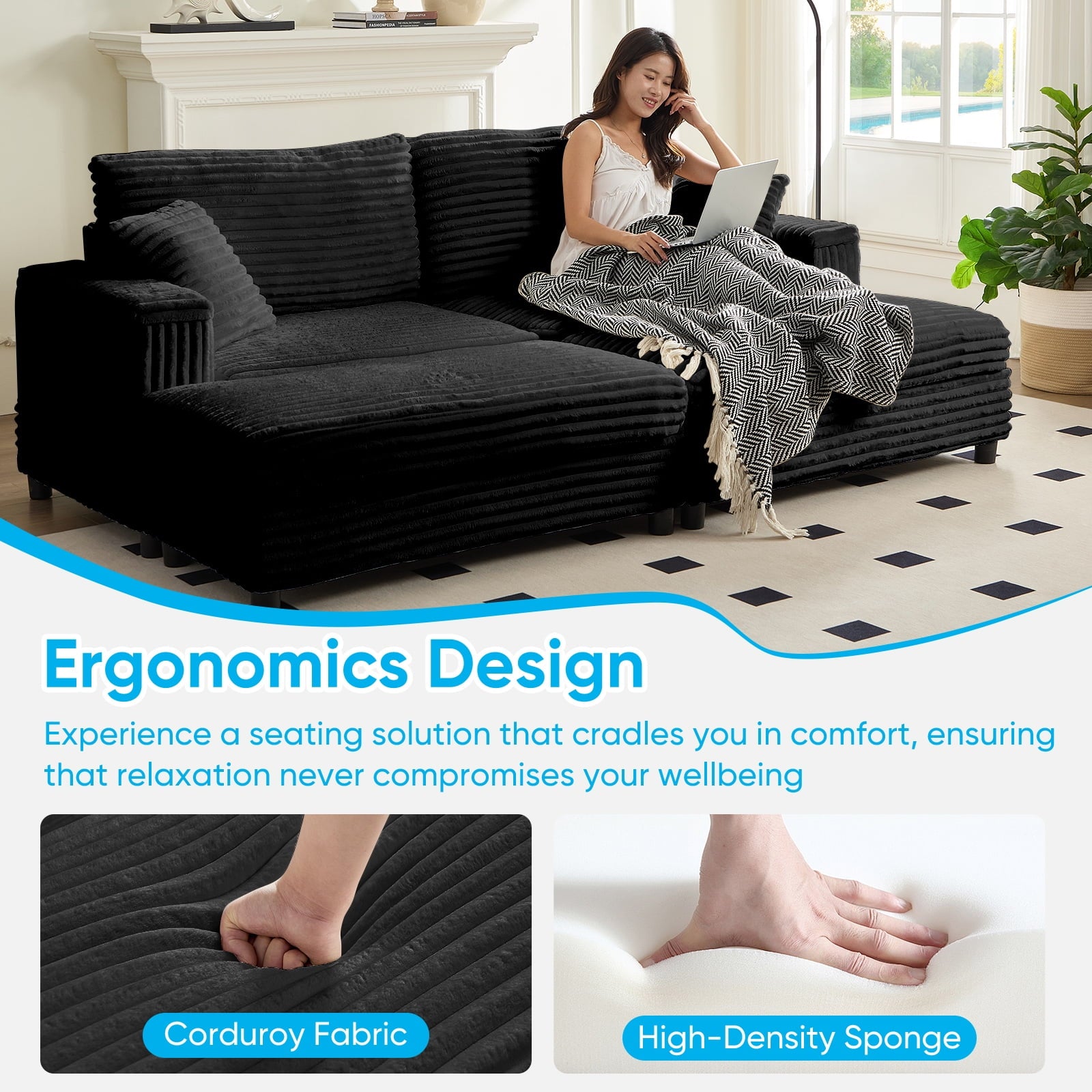 Mjkone 85’’ Loveseat Sectional Sofa with 2 Ottoman,Corduroy Deep Seat Couch with Storage Armrests Living Room Furniture,