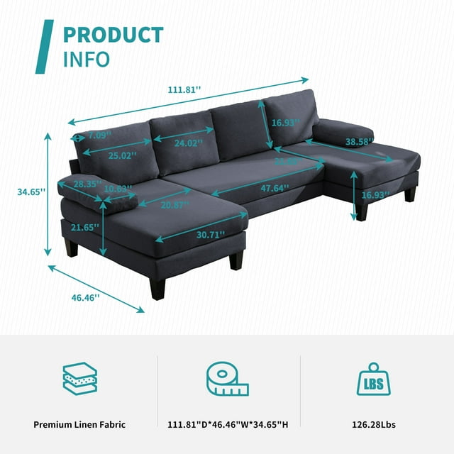 Cecer U Shaped Sectional Sofa, 4-Seat Modular Sofa, Living Room Modern Couch with Chaise