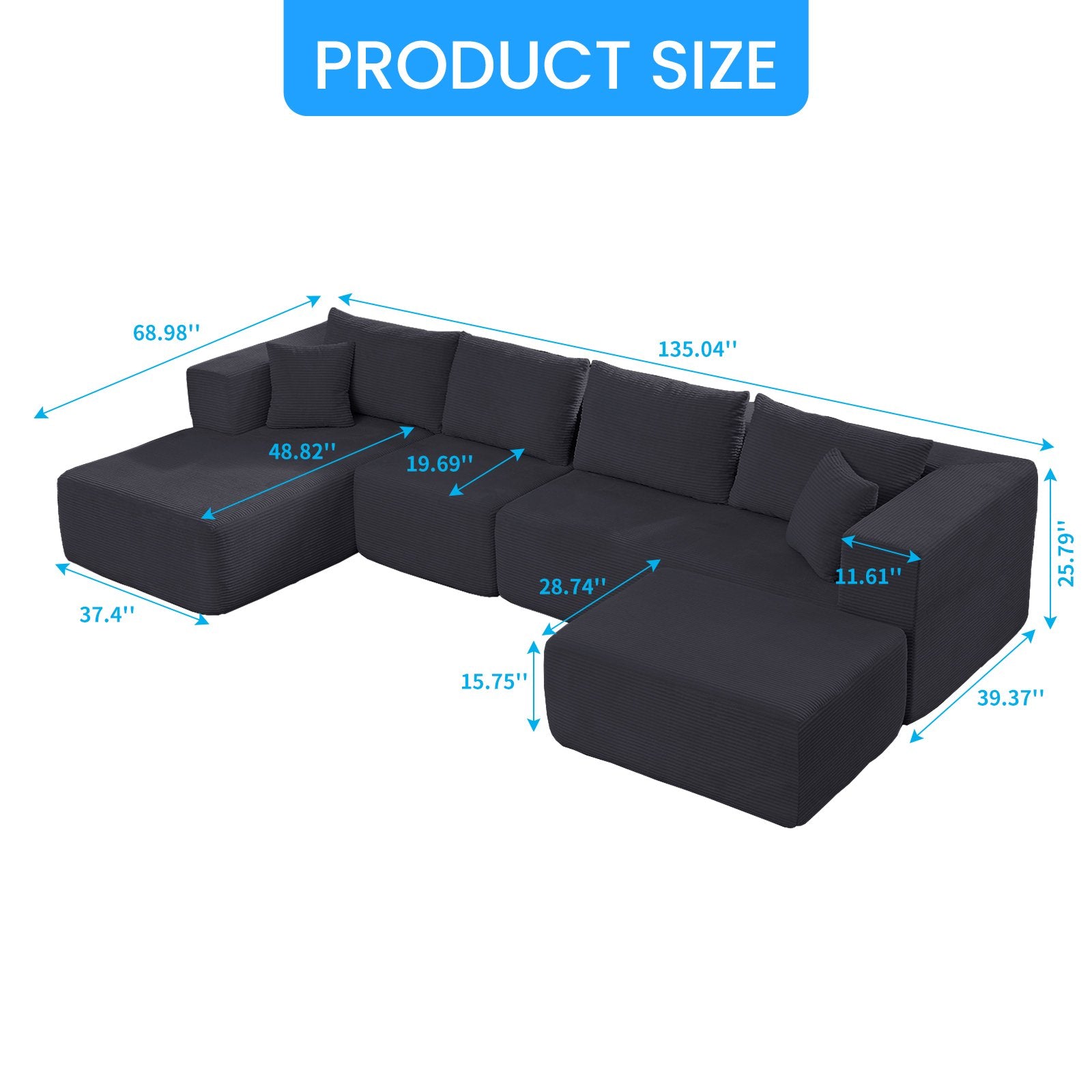 Puremind 135" Oversized Modular Sectional Sofa, U/L Shaped Couch, Foam Filled Cloud Couch, Convertible Sofa Bed for Living Room, No Assembly Required,
