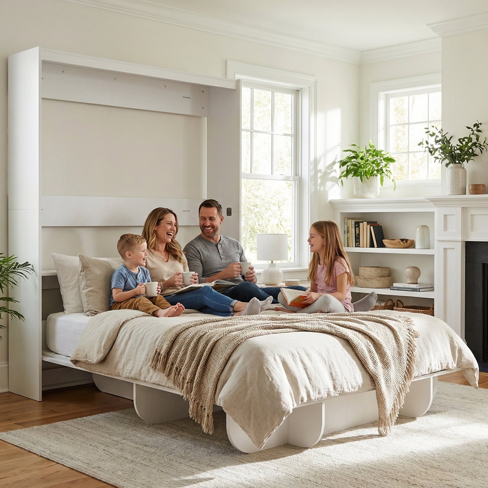 Mjkone Murphy Wall Bed Queen Size,Wall Bed with Shelves,Multifunctional Murphy Bed for Small Space/Bedroom/Guest Room,White