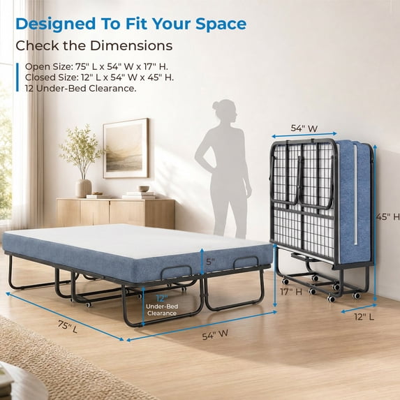 Mjkone Full Size Folding Bed with Mattress,Rollaway Bed for Adults,Foldable Rollaway Bed with Wheels for Bedroom/Guest Room
