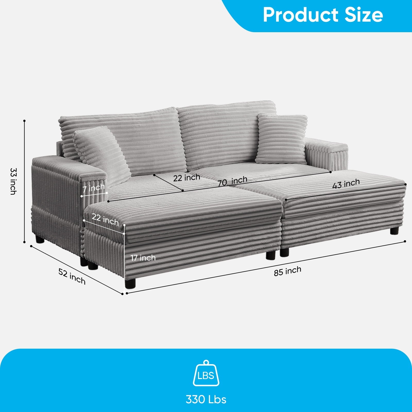 Mjkone 85’’ Loveseat Sectional Sofa with 2 Ottoman,Corduroy Deep Seat Couch with Storage Armrests Living Room Furniture,