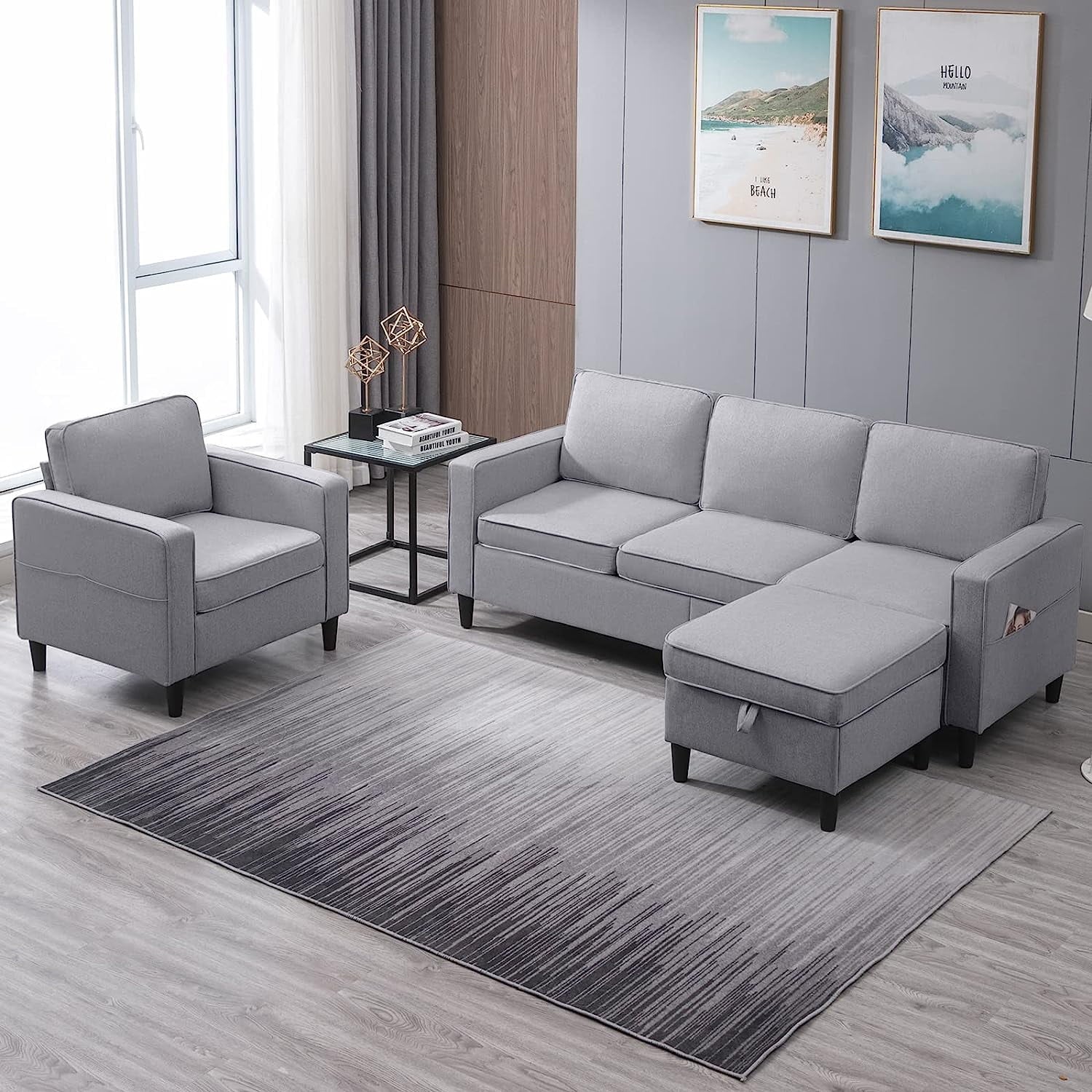 ZAFLY Convertible Sectional Sofa Set,3-Seat L Shape Sofa with Storage Ottoman and Armchair,Living Room Furniture Couch Set Sectional Couches Set for Living Room,Bedroom,Apartment
