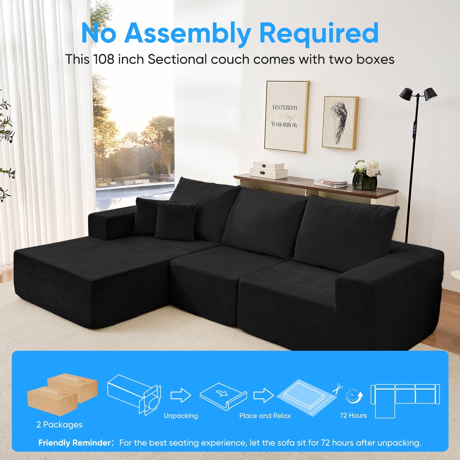 ZAFLY 108" Cloud Sectional Sofa, Modular Corduroy Deep Seat Couch, L Shaped Couches for Living Room, No Assembly Required - Black