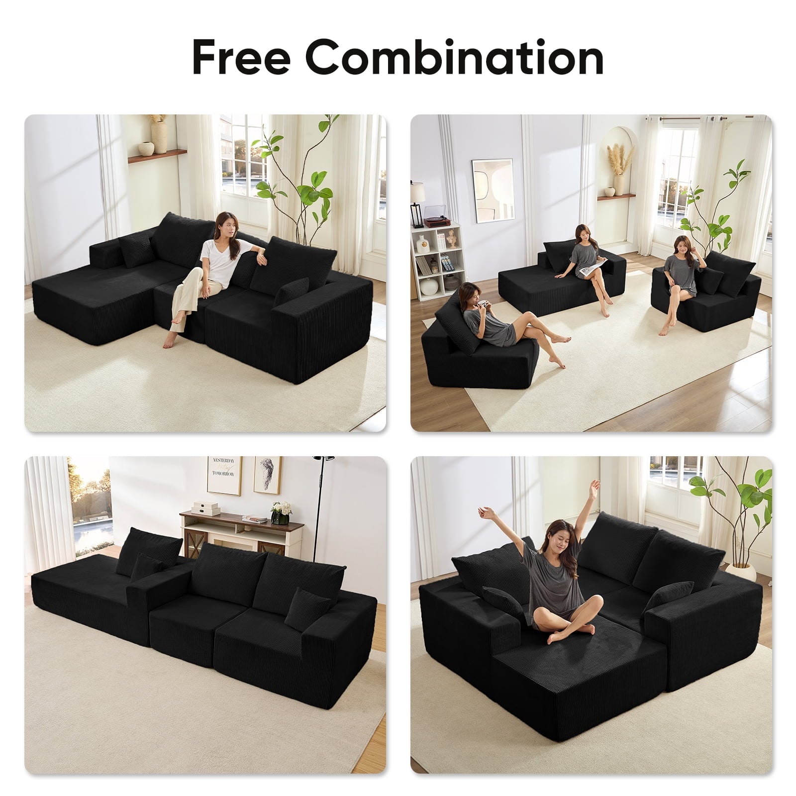 ZAFLY 108" Cloud Sectional Sofa, Modular Corduroy Deep Seat Couch, L Shaped Couches for Living Room, No Assembly Required - Black