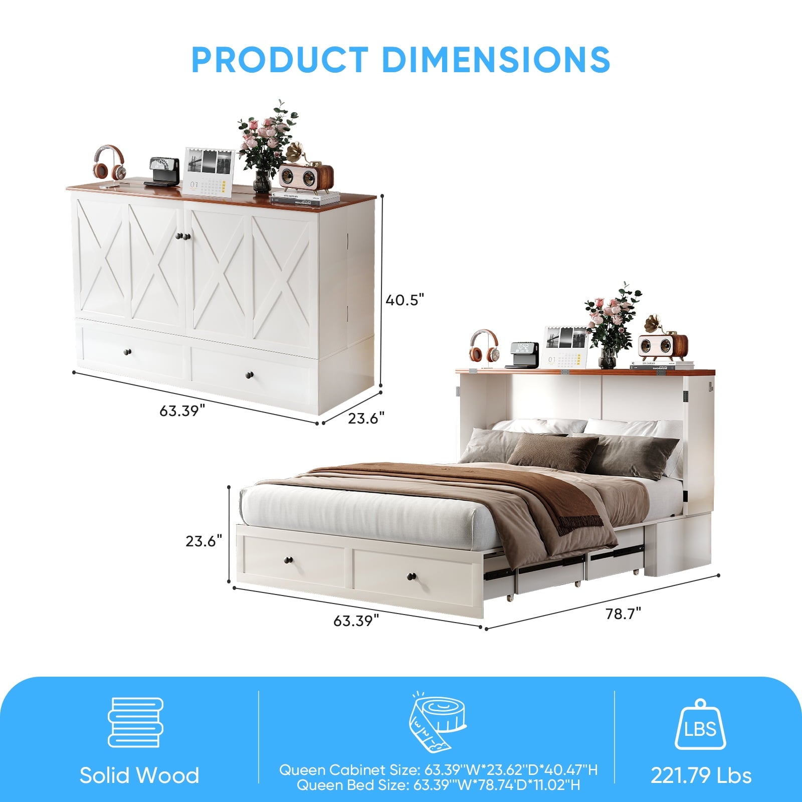 Puremind Queen Size Murphy Bed with Foldable Mattress, Cabinet Bed with Storage Drawer and Charging Ports, Murphy Bed Furniture for Bedroom/Office,
