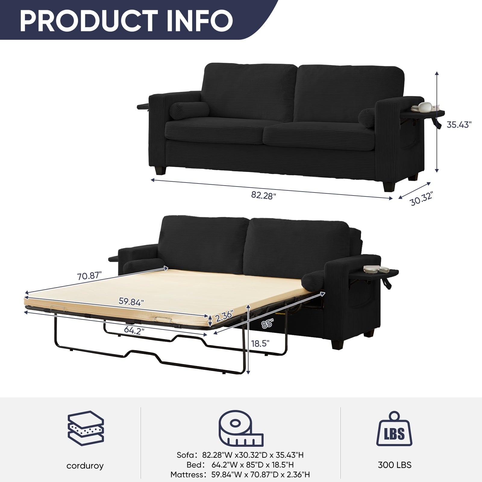 ZAFLY 83”Pull Out Sofa Bed, Corduroy Convertible Sofa Bed with Storage Shelf, Sleeper Sofa Queen Couch with Pull Out Bed