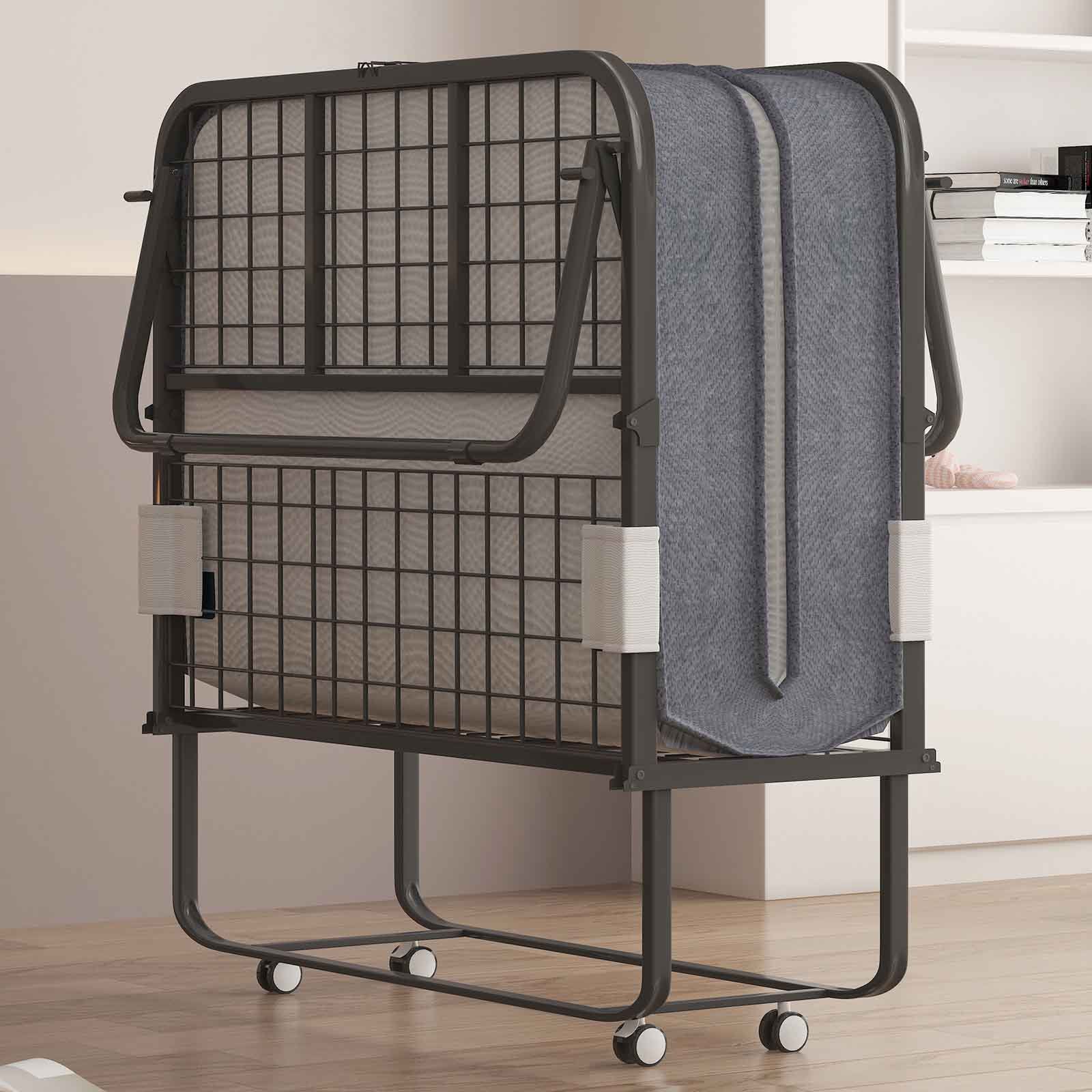 CECER Folding Bed Mattress & Headboard, Rollaway Foldable Bed with Memory Foam Mattress, Metal Guest Bed Dust Cover Included