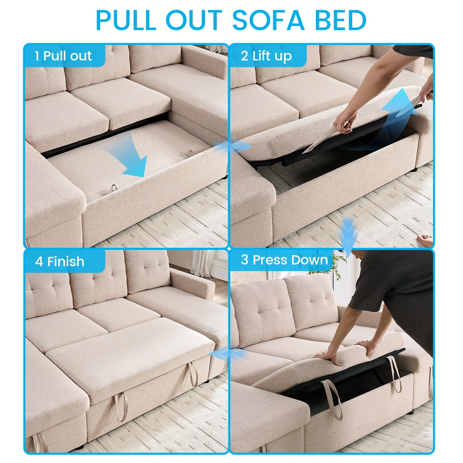 ZAFLY Sectional Sleeper Sofa Bed, 4 Seat Pull Out Couch with Storage, Modern Convertible U Shaped Sofas for Living Room