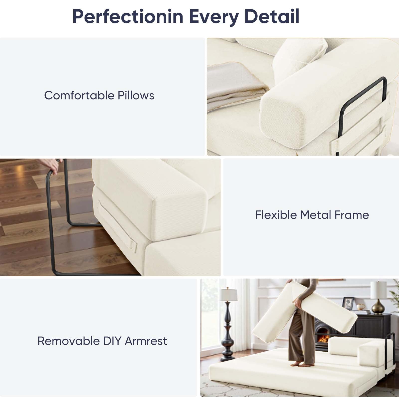 ZAFLY Convertible Sleeper Sofa Bed, Corduroy Boneless Couch with Removable Armrests, Floor Gaming Sofa for Living Room/Small Space