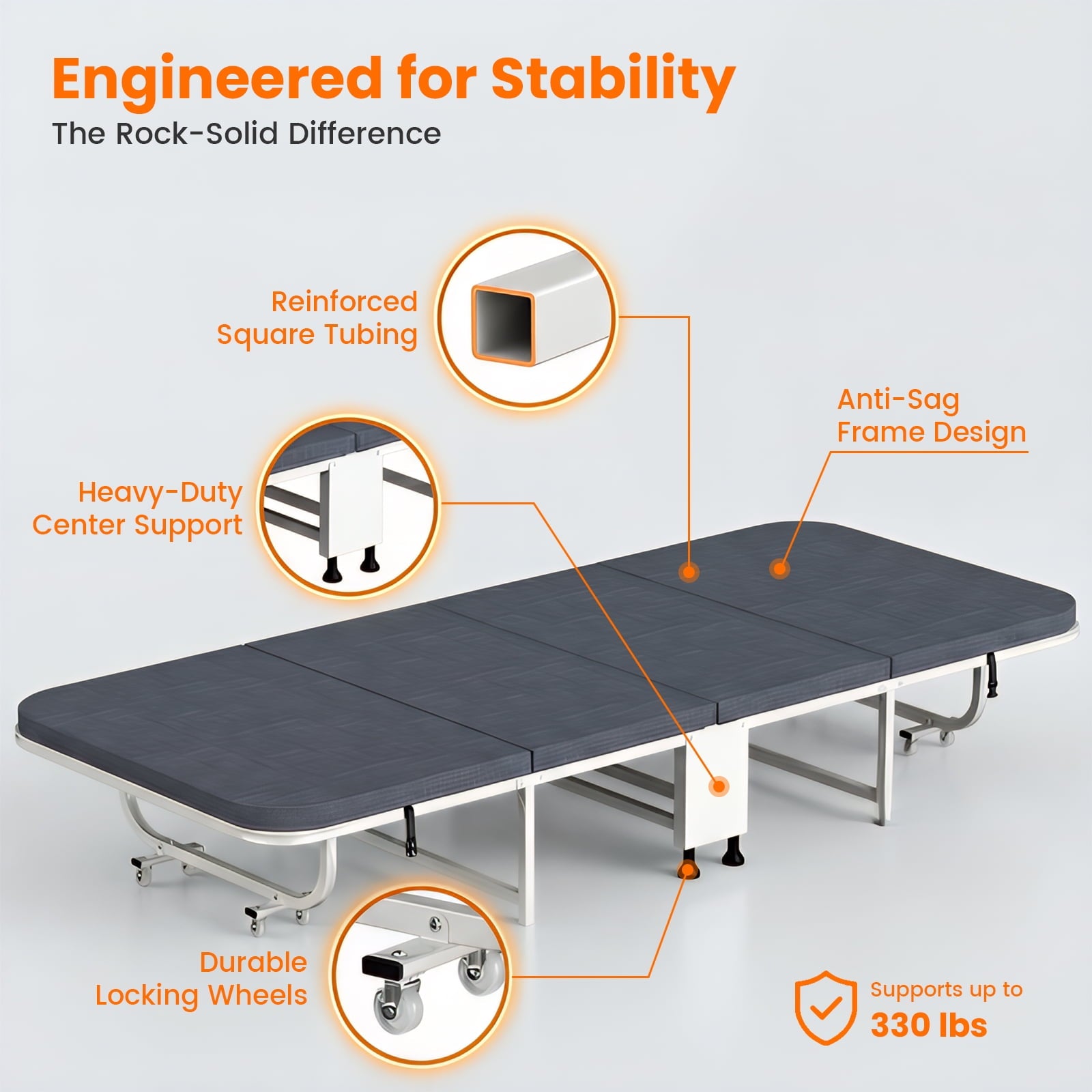 Mjkone Folding Bed with Mattress,Rollaway Folding Bed for Adults,Foldable Bed with Lockable Wheels for Small Space