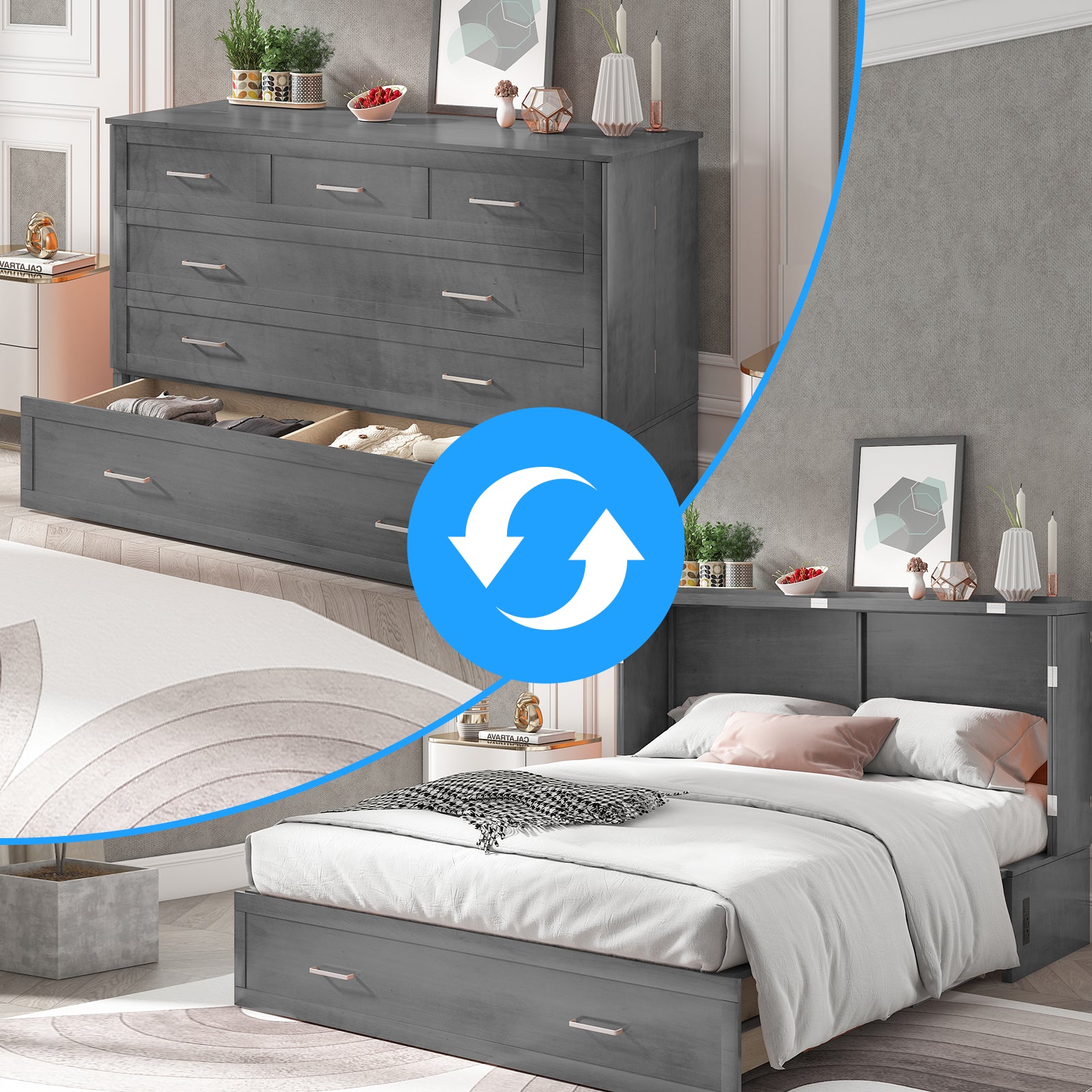 Puremind Queen Murphy Bed with Foam Mattress | Charging Station | Drawer, Foldable Cabinet Bed, Space-Saving Bed for Bedroom/Studio/Guest Room