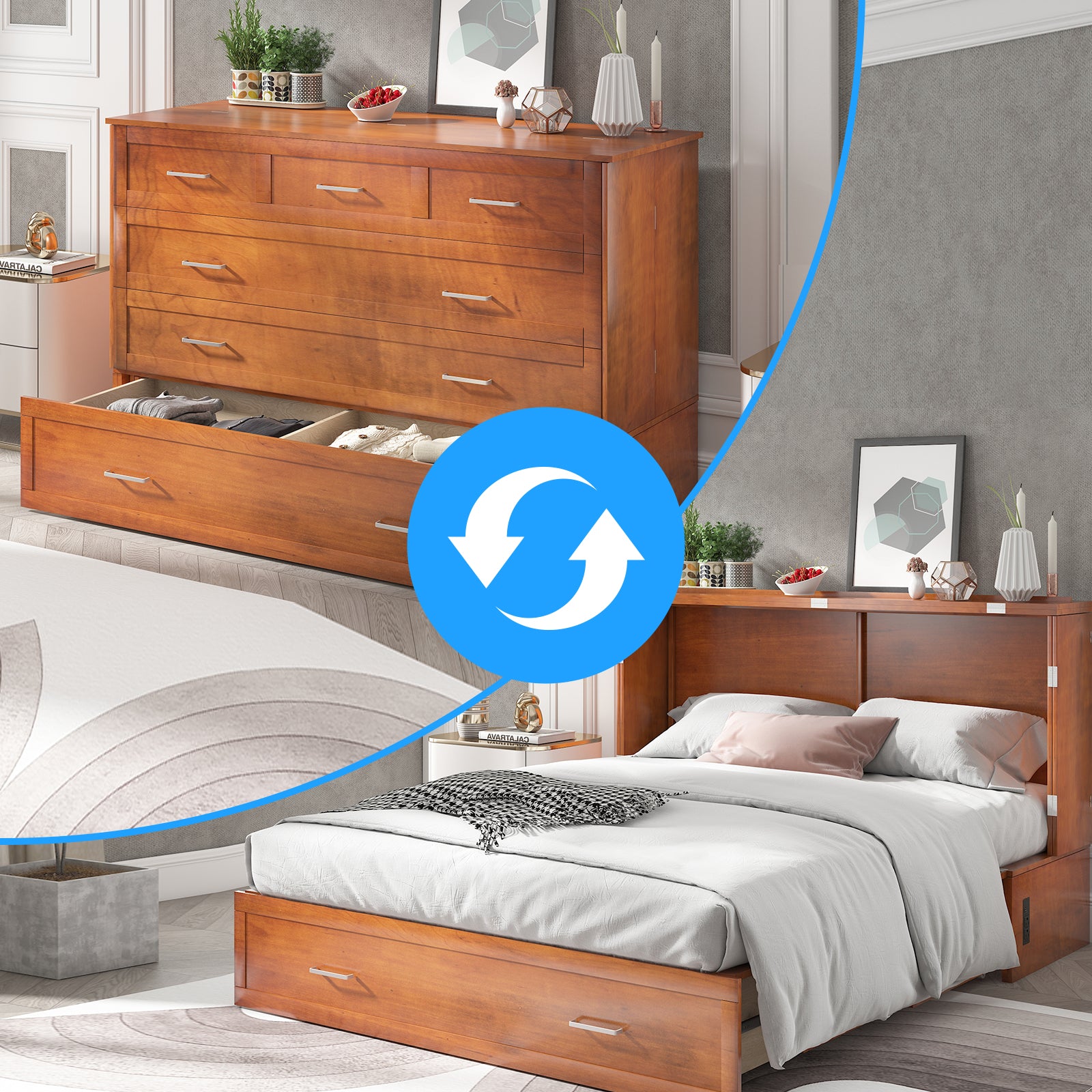 Puremind Queen Murphy Bed with Foam Mattress | Charging Station | Drawer, Foldable Cabinet Bed, Space-Saving Bed for Bedroom/Studio/Guest Room