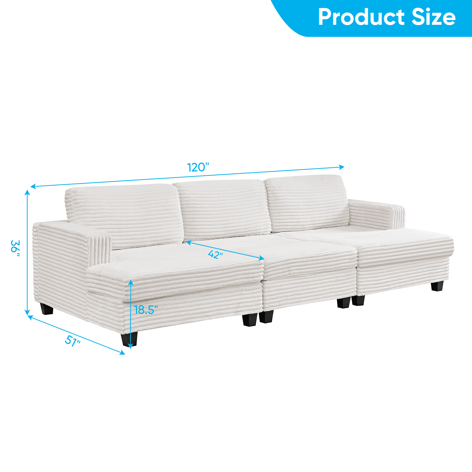 ZAFLY 120” Oversized Sectional sofa, Deep Seat Couch with Wider Armrests, Corduroy Sleeper Sofa for Living Room