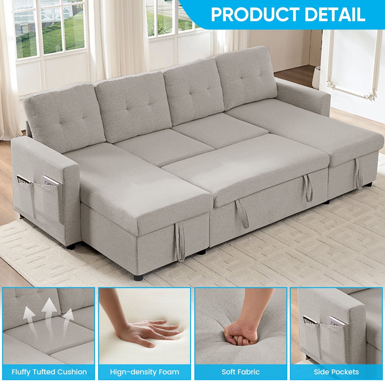 ZAFLY Sectional Sleeper Sofa Bed, 4 Seat Pull Out Couch with Storage, Modern Convertible U Shaped Sofas for Living Room