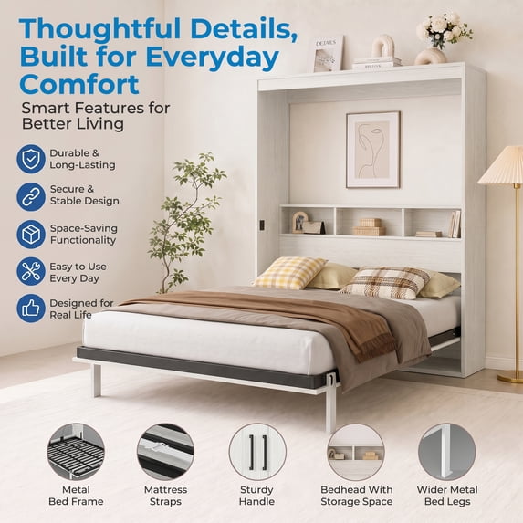 Mjkone Electric Full Size Murphy Wall Bed,Multifunctional Automatic Wall Bed with Shelves,Space-Saving Foldable Cabinet Bed for Bedroom