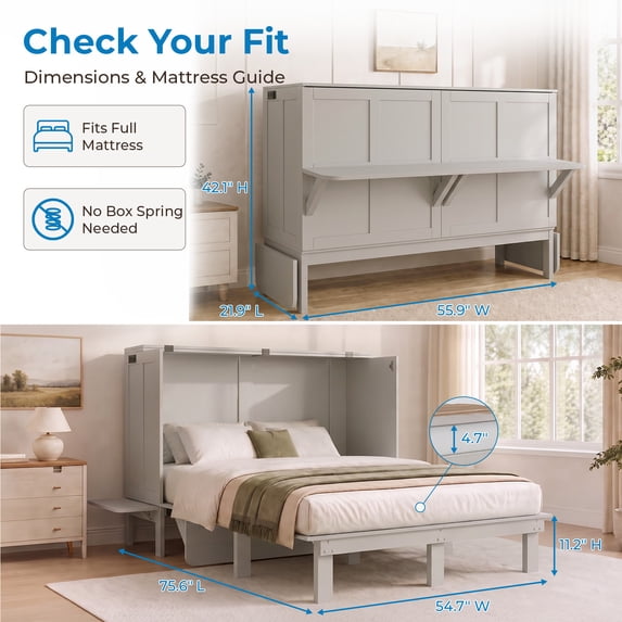 Mjkone Murphy Bed Full with Desk,Space-Saving Cabinet Bed with Desk and Shelves,Multifunctional Murphy Bed with Mattress