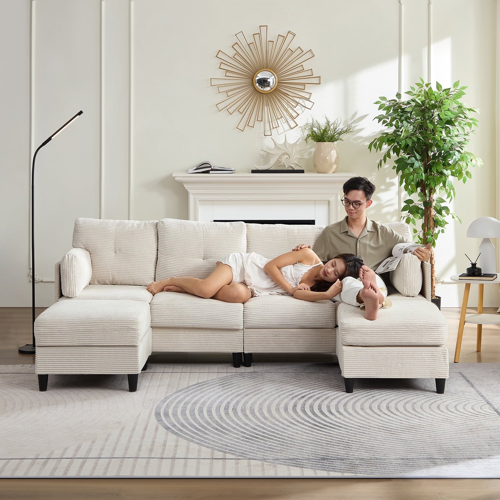 ZAFLY U Shaped Sectional Sofa with Movable Ottoman, Corduroy Sectionals for Living Room