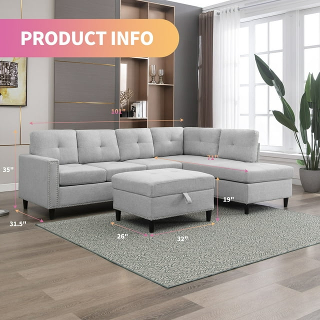 CECER L Shaped Sectional Sofa with Left Hand Facing Chaise,Free Combination Ottoman, Modular Sectional Sofa with Rivet Trim,Upholstered Sofa Couches for Living Room,Dark Grey