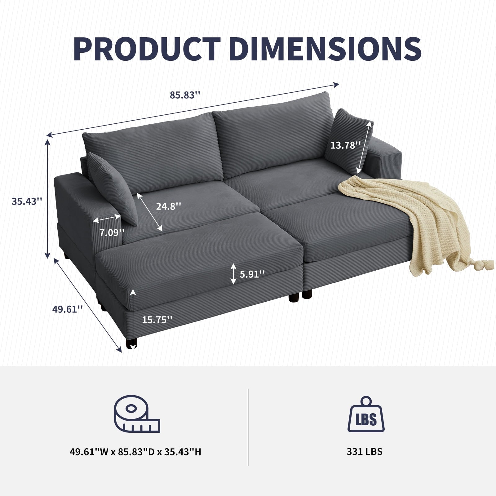 ZAFLY 85” Black Sectional Sofa with Chaise, Oversized Loveseat Deep Seat Couch, Corduroy Sleeper Sofa for Small Spaces/Apartment