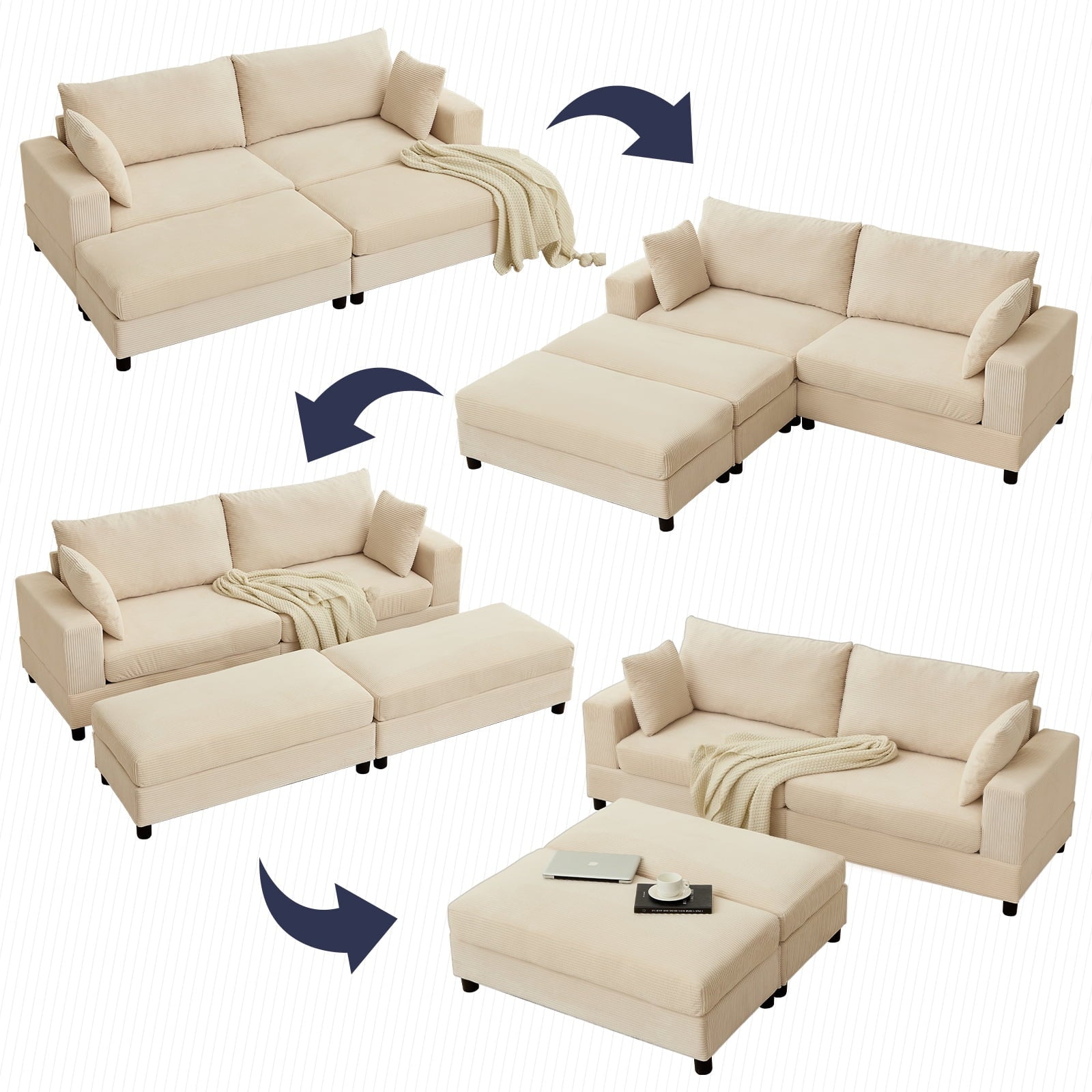 ZAFLY 85” Black Sectional Sofa with Chaise, Oversized Loveseat Deep Seat Couch, Corduroy Sleeper Sofa for Small Spaces/Apartment