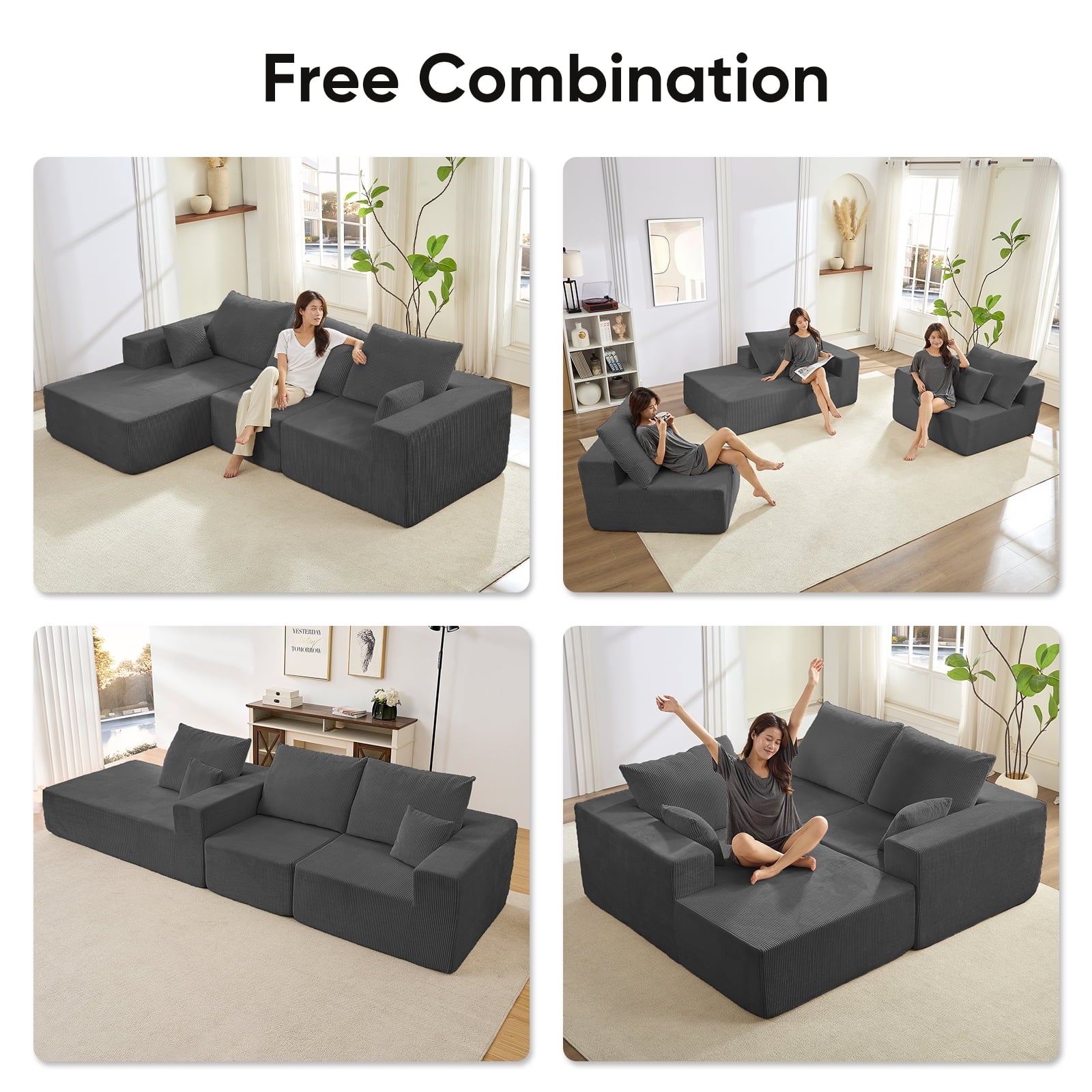 ZAFLY 108" Cloud Sectional Sofa, Modular Corduroy Deep Seat Couch, L Shaped Couches for Living Room, No Assembly Required - Black