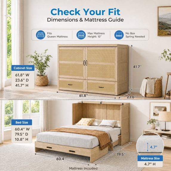Mjkone Murphy Bed Queen with Mattress,Murphy Cabinet Bed with Rattan Panel and Charging Station,Multifunctional Storage Cabinet Beds for Bedroom