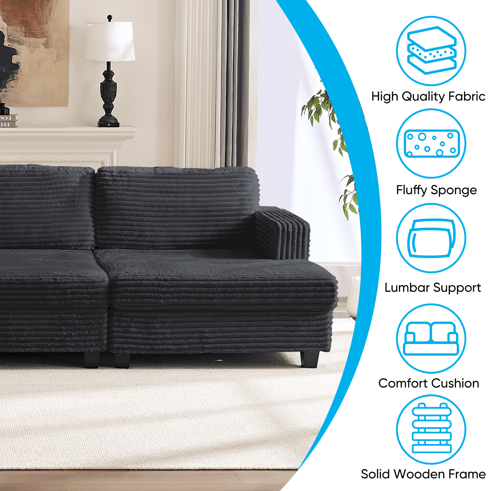 ZAFLY 120” Oversized Sectional sofa, Deep Seat Couch with Wider Armrests, Corduroy Sleeper Sofa for Living Room