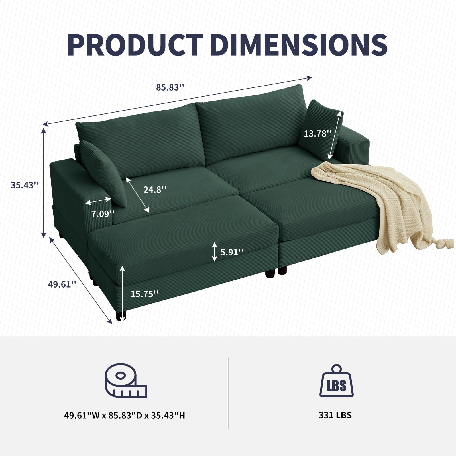 ZAFLY 85” Black Sectional Sofa with Chaise, Oversized Loveseat Deep Seat Couch, Corduroy Sleeper Sofa for Small Spaces/Apartment