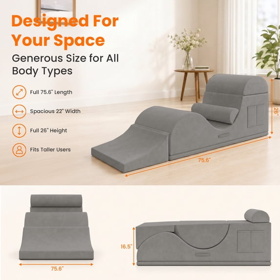 Mjkone Convertible Yoga Chair for Adults,Velvet Yoga Chaise Lounge with Lumbar Pillow,Ergonomic Foam Lounge with Side Pocket,