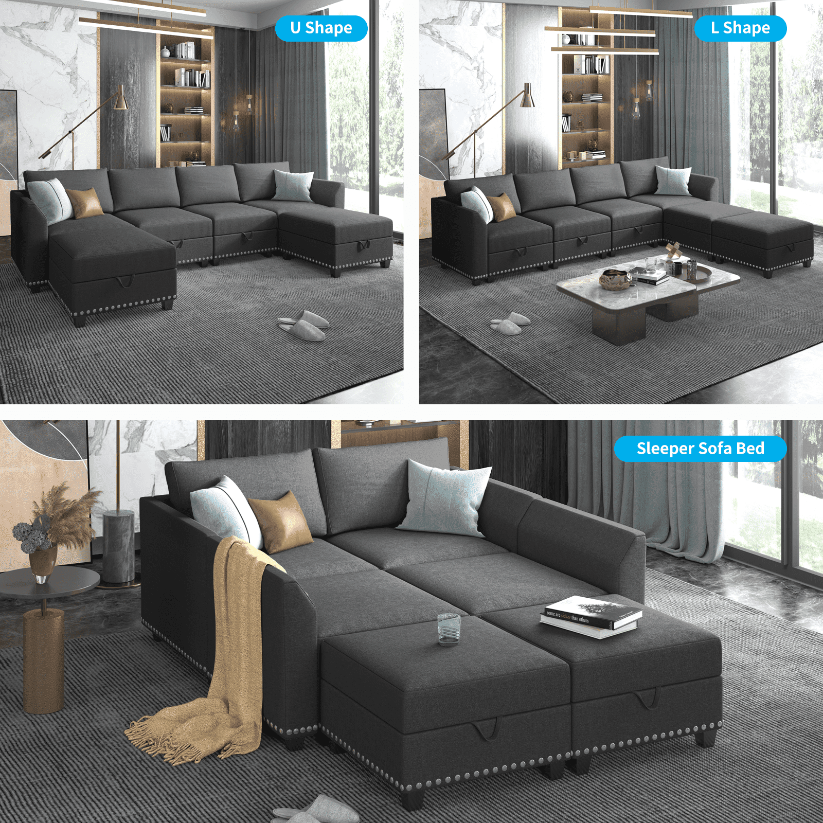 Mjkone U Shaped Sectional Sofa with Storage, 6 Seater Modular Sectional Sofa with Nailhead Trim, Oversized Sleeper Sofa Couch Bed, Convertible Couches for Living Room,Free Combination