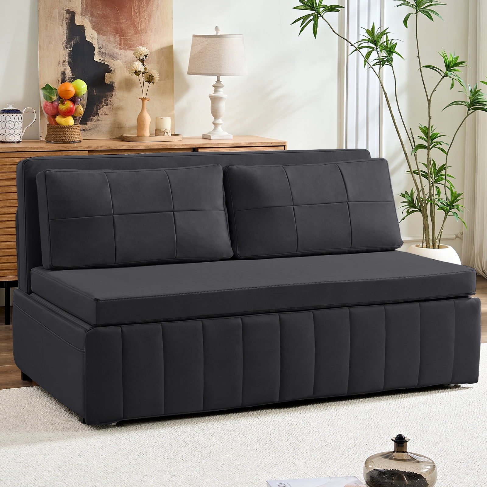 Mjkone 62’’ Leathaire Pull Out Sofa Bed, Loveseat Convertible Sleeper Sofa for Small Living Room/Apartment,