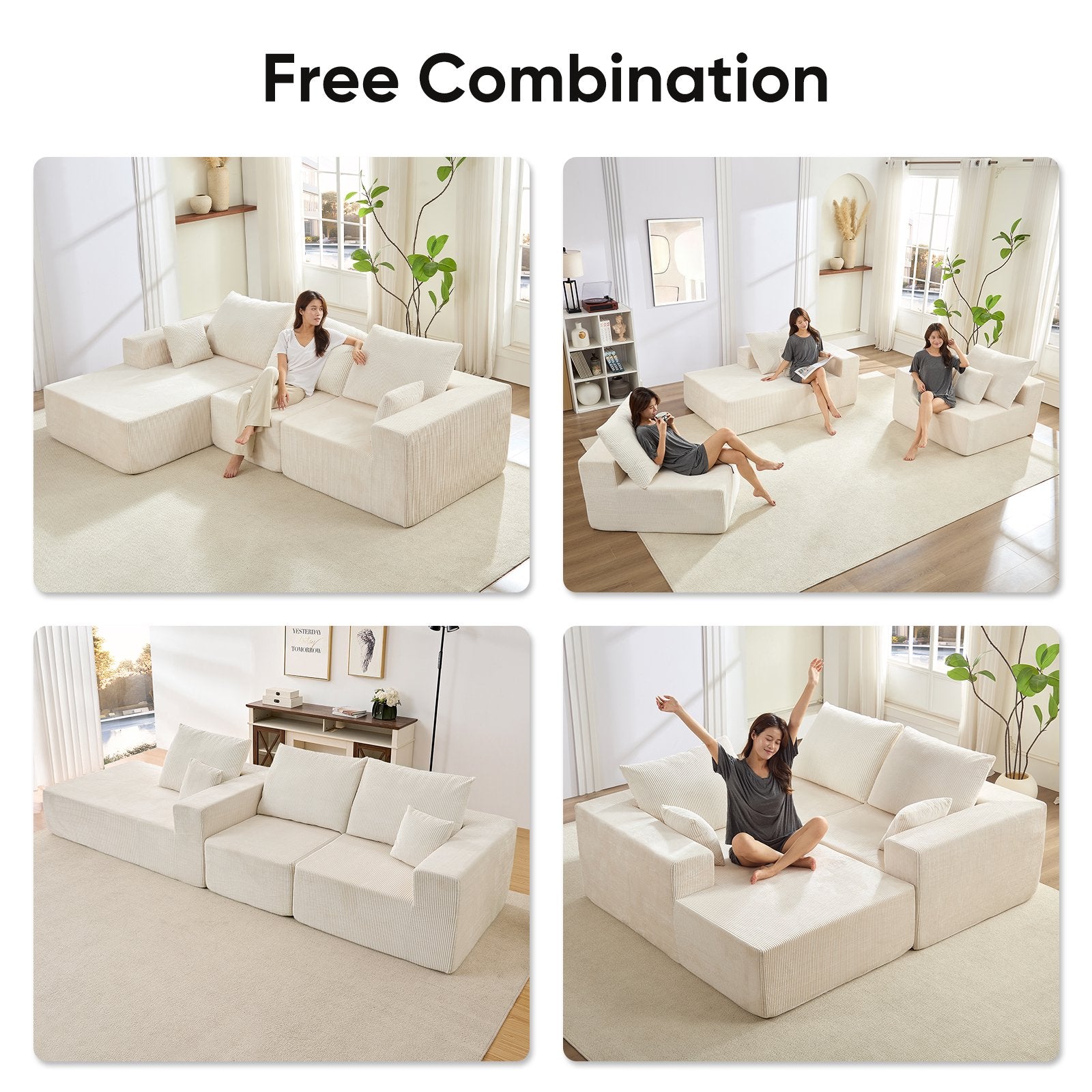 ZAFLY 108" Cloud Sectional Sofa, Modular Corduroy Deep Seat Couch, L Shaped Couches for Living Room, No Assembly Required - Black