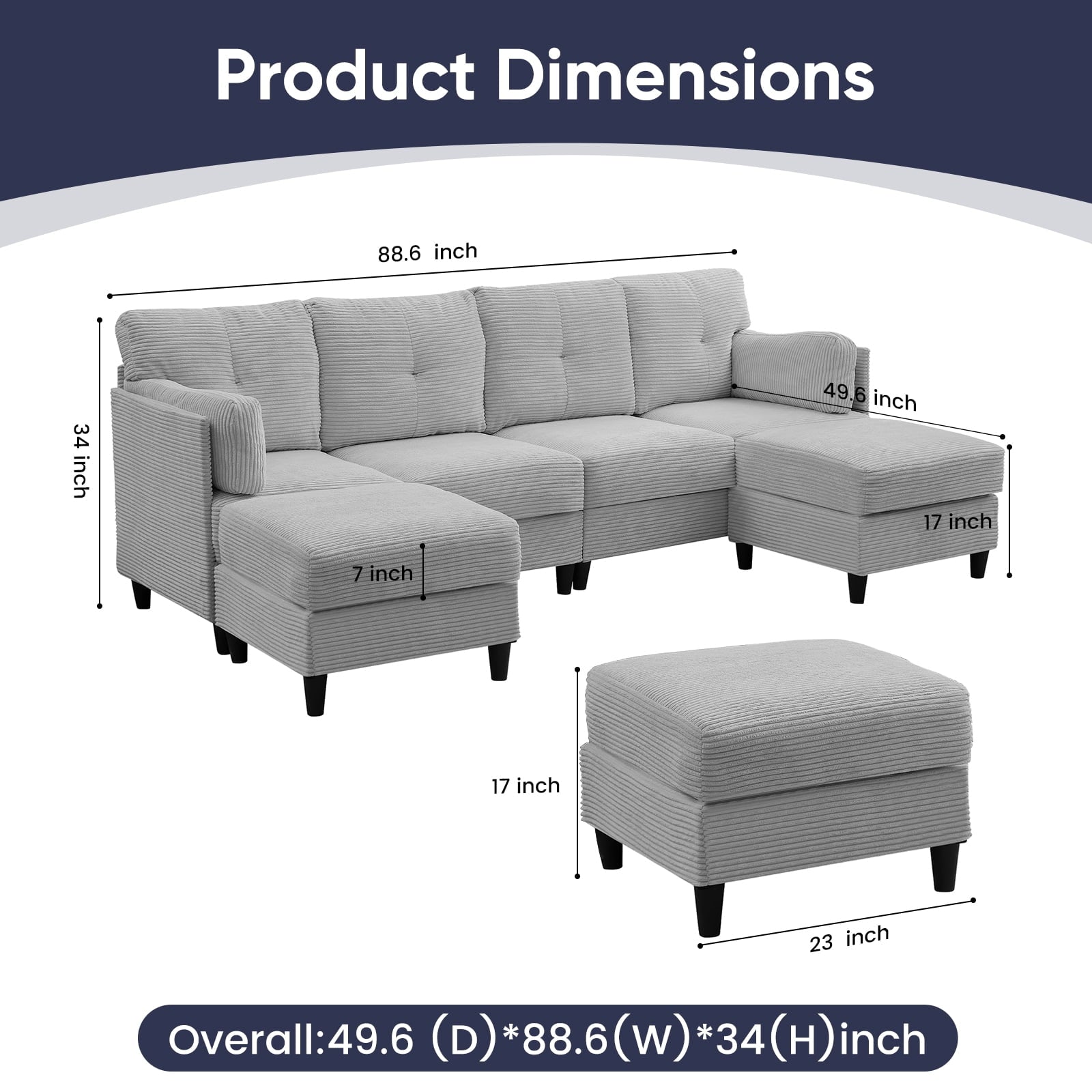 ZAFLY 89”w U/L Shaped Sectional Couch with Movable Ottoman, Corduroy Sectional Sofas for Living Room