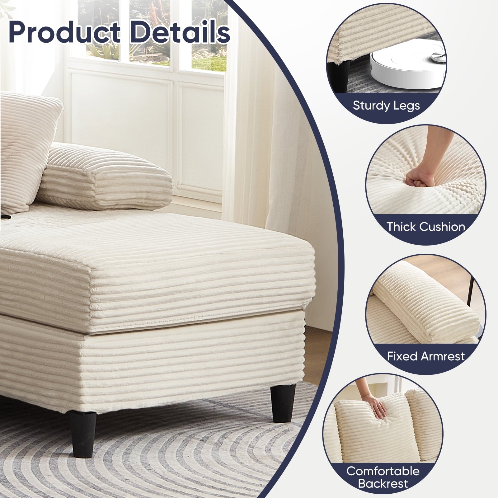 Mjkone U-Shaped Sectional Sofa, 4 Seats Corduroy Couch with Double Chaise for Living Room -