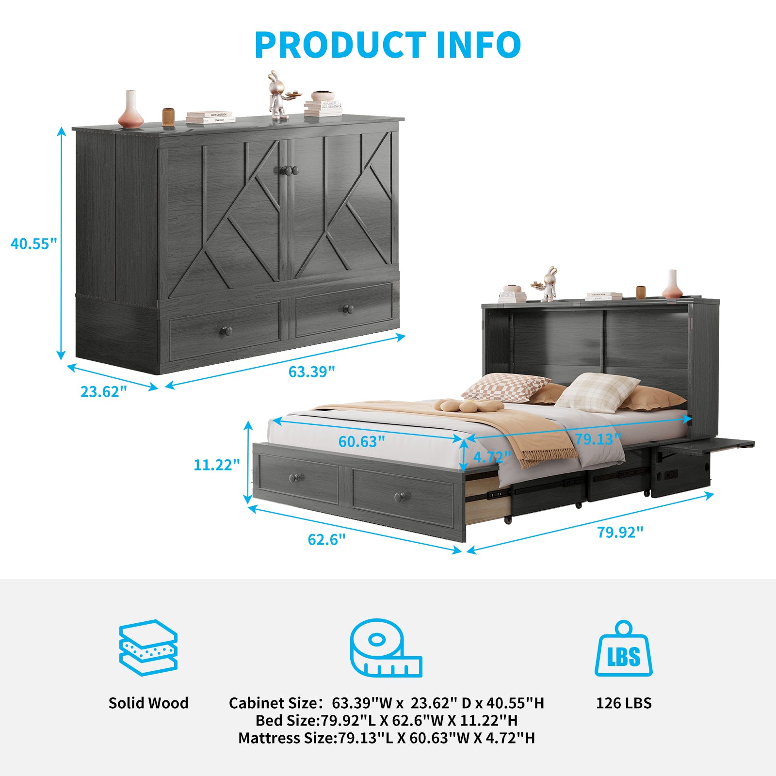Puremind Queen Size Murphy Bed with Mattress, Murphy Cube Cabinet Bed with USB Charging Station and Large Storage Drawer, Murphy Chest Bed for Small Guest Room/Home/Office
