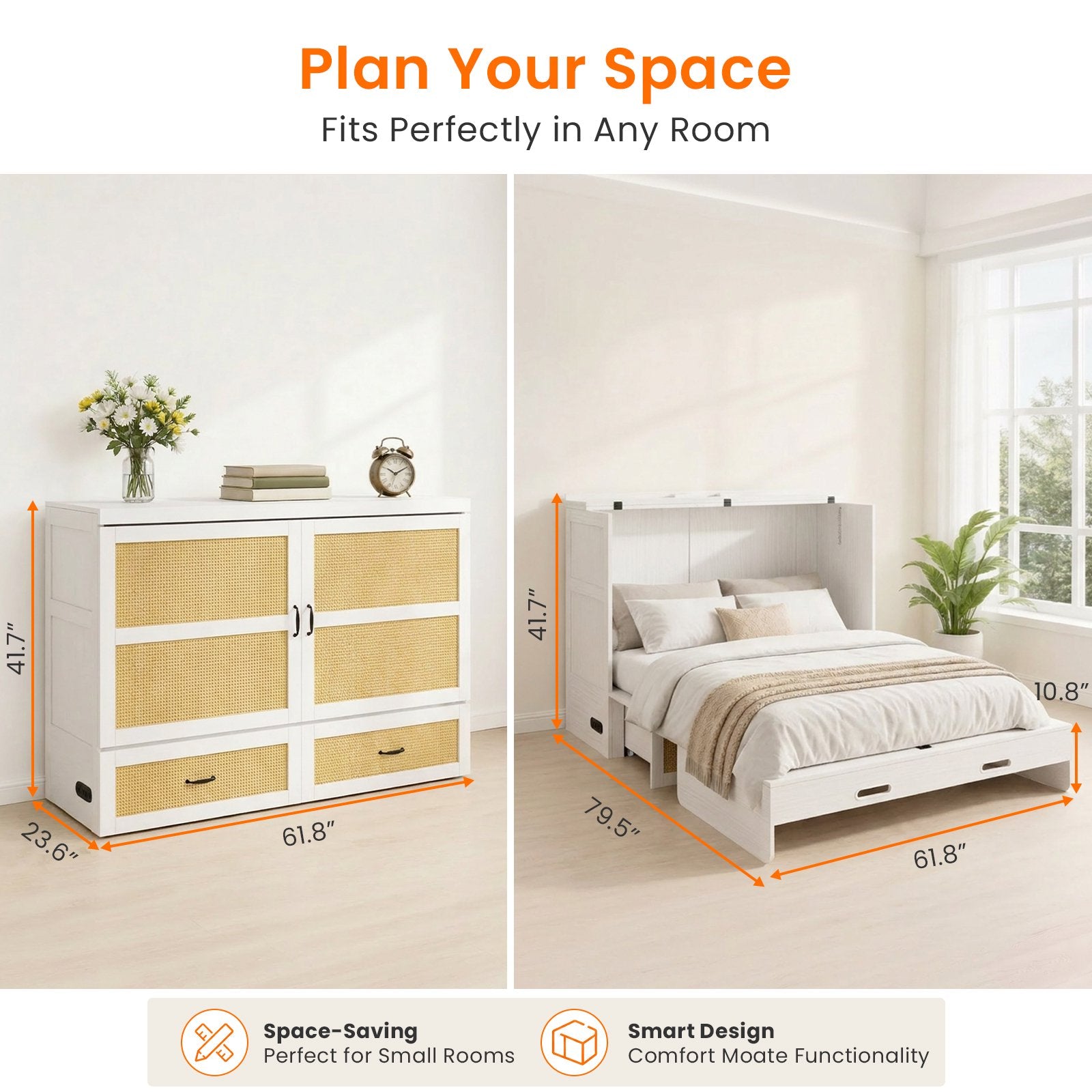 Mjkone Murphy Bed Queen with Mattress,Murphy Cabinet Bed with Rattan Panel and Charging Station,Multifunctional Storage Cabinet Bed for Bedroom